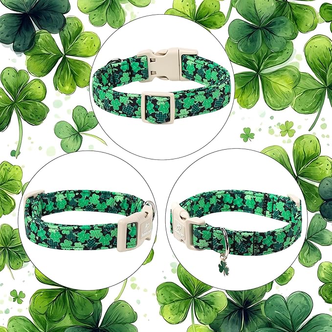 St Patricks Day Dog Collar for Medium Dogs - Green Lucky Clover Dog Collars, Lightweight Adjustable Irish Festival Shamrock Dogs Collars with Quick Release Buckle M