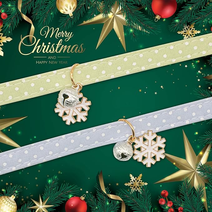 2 Pack Cotton Breakaway Cat Collar with Bell Green&Blue White Snowflake Pendant Cute Kitten Cat Collar Suitable for Girls and Boys