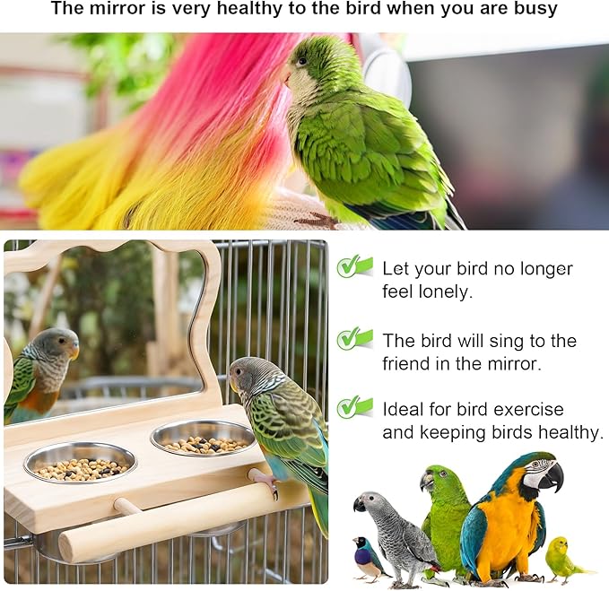 Feeder with Acrylic Mirror & Stainless Steel Bowls, Natural Wood Perch, Cage Accessories, Parakeet Cage Accessories, Tool-Free Adjustable Supplies for Parakeet Cockatiel Lovebird