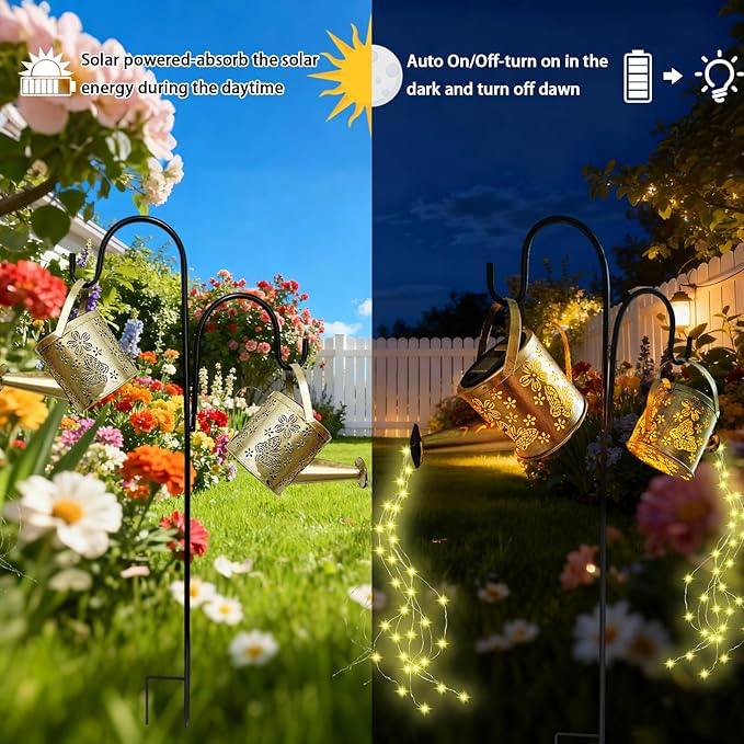 DDQ Solar Watering Can Lights, Warm White/Color LED with Shepherd Hook, IP65 Waterproof Metal Garden Decor, Auto On/Off for Patio Backyard for Mom Family Holidays Gift