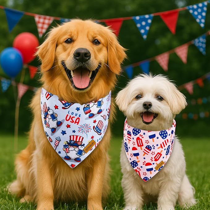 4th of July Dog Bandanas with Snap Button, 2 Pack American Flag Pet Scarf for Boy & Girl, Premium Durable Fabric, Adjustable Fit, Patriotic Bandana for Large and Extra Large Dogs (X-Large)
