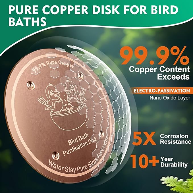 1 Pcs Copper Disc for Bird Bath | 99.99% Pure Copper Plate & Birdbath Disk | 0.6mm Thick Reinforced Design | Maintains Clean Water Naturally | Fits All Birdbath Bowls Year-Round (Bird Style 5)
