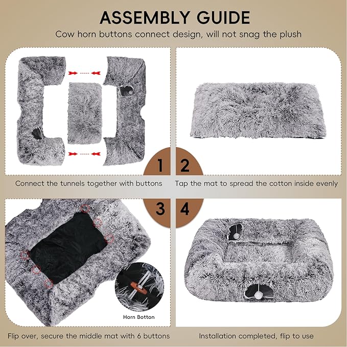 Extra Large Cat Tunnel Bed, 4 Ways Tunnels for Indoor Cats, Multi-cat Family Pet Bed & Cave, Plush Cat Donut with Washable Middle Mat, Exit Balls, Pet Play Toy for Kitten Puppy Rabbit, Dark Grey