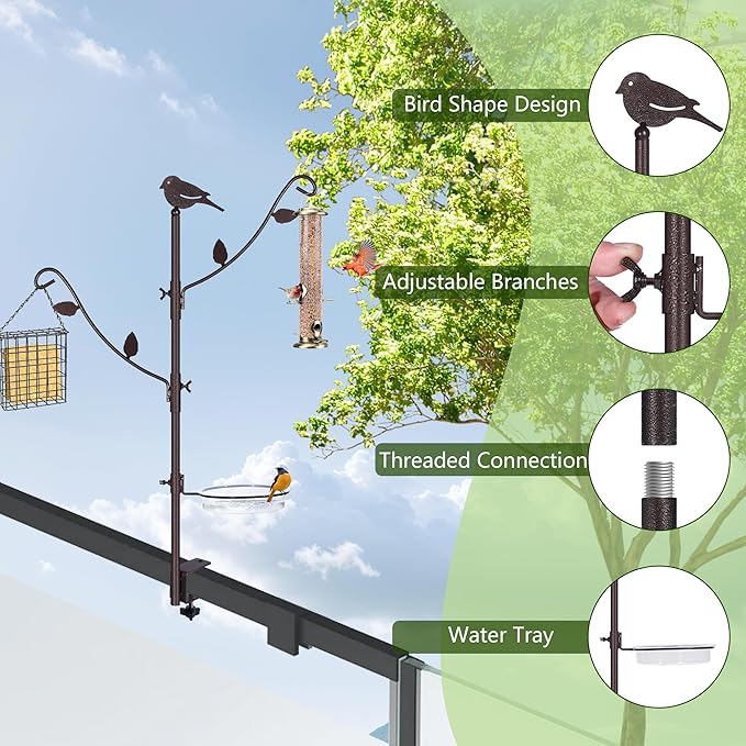 Deck Bird Feeder Pole Porch Multi-Hooks Hanging Kit for Outside with Two Adjustable Branches, Water Bowl, Bird Feeder Planter Hanger