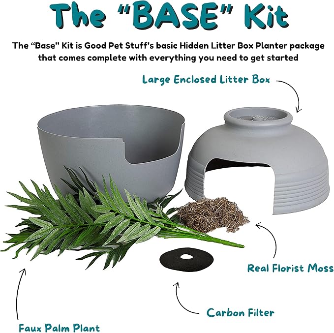 Good Pet Stuff Hidden Litter Box Planter, Decorative Cat Litter Enclosure with Carbon Filter, Artificial Plant, Easy Clean, Indoor Design, Original Round Style, Base Kit, Stone Gray