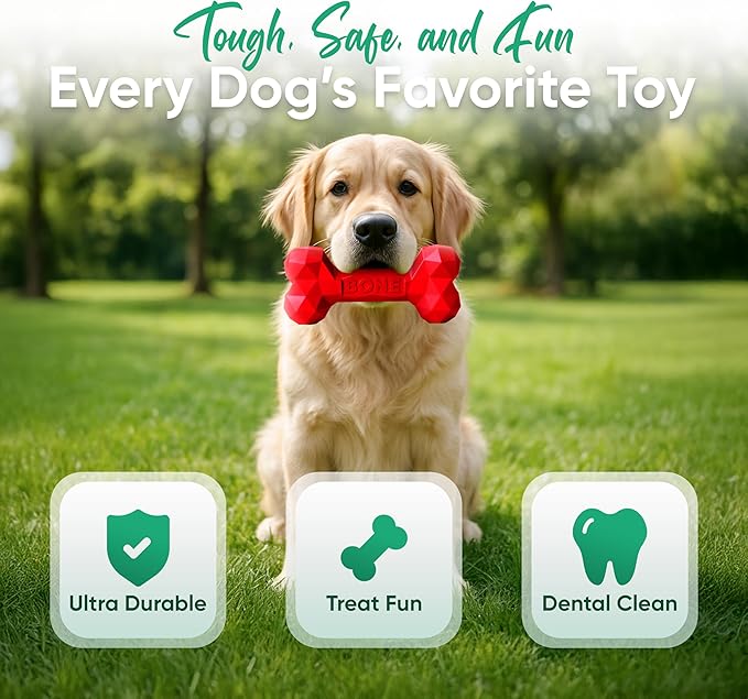 Natural Rubber Dog Chew Bone – Treat-Dispensing, Tough & Indestructible Chew Toy – Safe for Aggressive Chewers – Dental Health & Boredom Relief – (Red)
