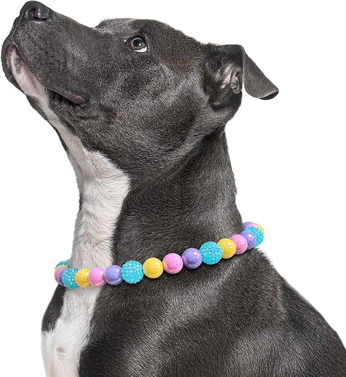 Beaded Dog Necklace Collar, Adjustable Jewelry-Inspired Design with Sparkle Beads (Iridescent Pastels, Large)