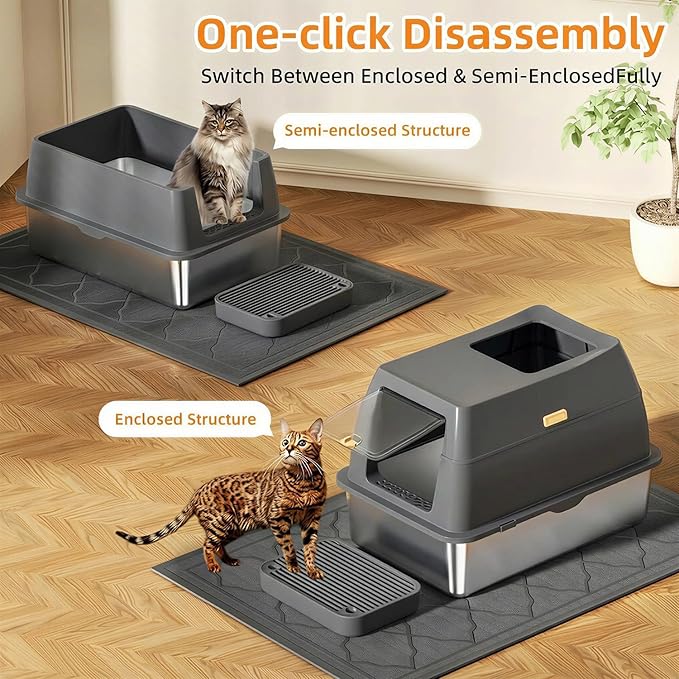 Stainless Steel Litter Box with Lid,Front Entry Top Exit Kitty LitterBox,Extra Large Enclosed Metal Cat Box with Litter Scoop & Litter Mat-Dark Gray
