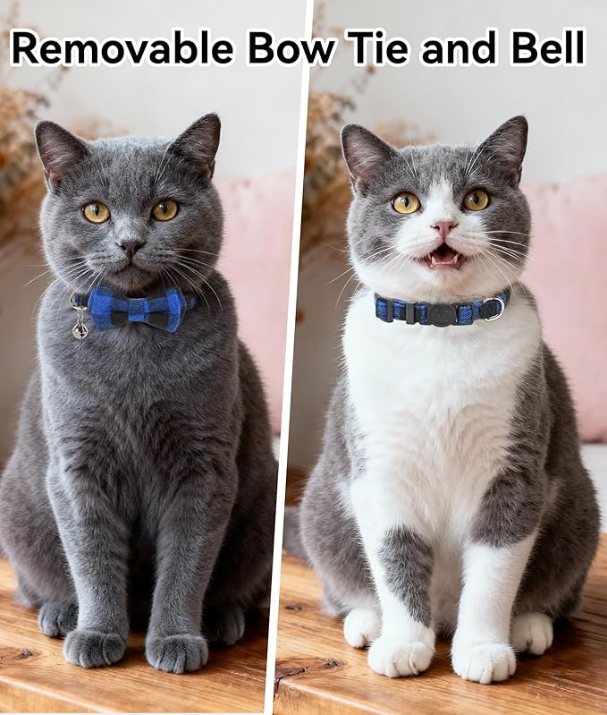Joytale Upgraded Cat Collar with Bells, Breakaway Cat Collars with Bow Tie, 1 Pack Girl Boy Safety Plaid Kitten Collars, Blue