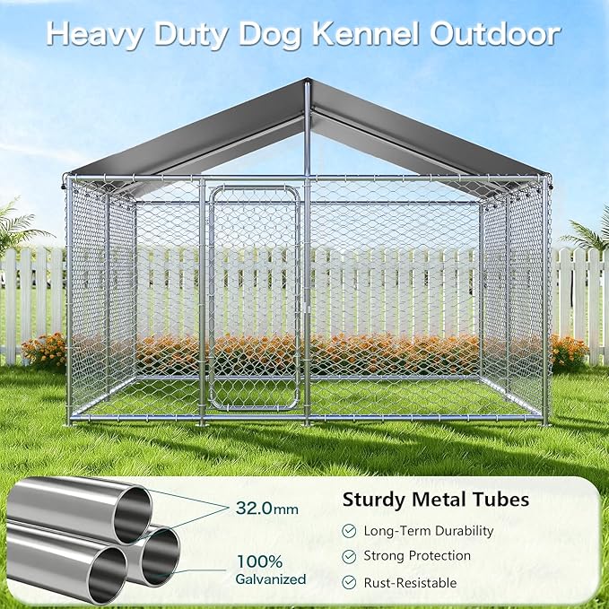 15.3'x15.3'Large Outdoor Dog Kennel Outside– Heavy-Duty Dog Enclosure with Wire Mesh Fence, Lock & Waterproof Cover for Large Dogs