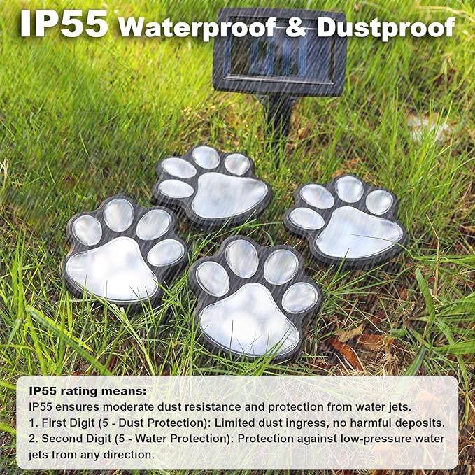 Animal Paw Print Solar Lights Outdoor Garden Decor, 4 Pack Paw Print Lights with Cord, IP55 Waterproof Yard Pathway Decor Light, Cold White Color Light, New Home Birthday Christmas Gift