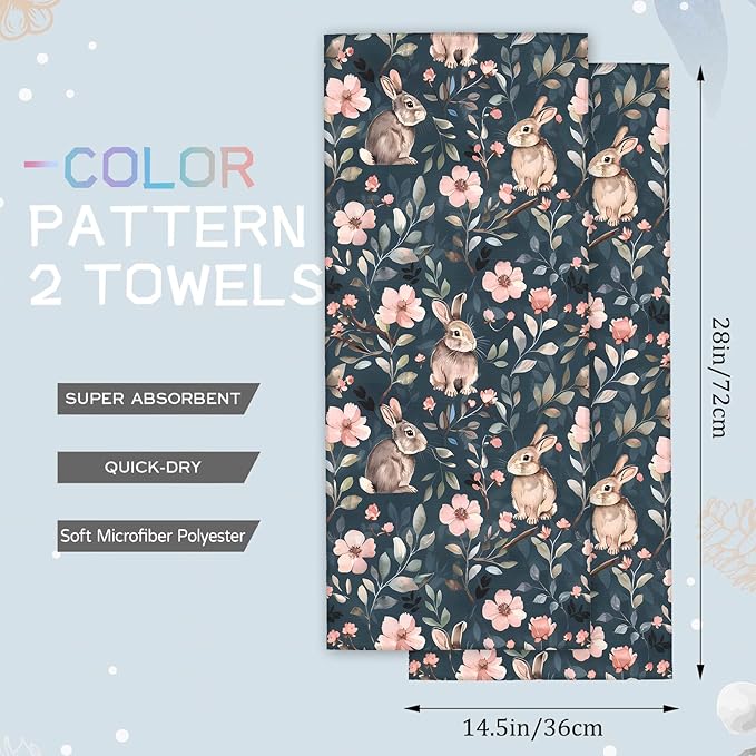 Cute Bunny Hand Towels - 2 Pack, 14.5" X 28",Soft Microfiber Polyester Dark Towel Set with Adorable Rabbit and Floral Pattern,for Whimsical Bathroom Kitchen Spa Hotel Decor Gifts