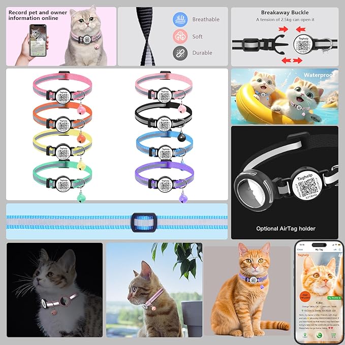 6 Pack QR Code Cat Collar - Breakaway Reflective Collars with Bell & Online ID Profile, Double Protection Set for Multiple Cats, Mixed Colors