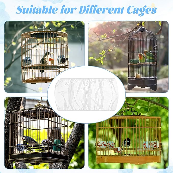 2 PCS Bird Cage Seed Catcher Airy Gauze Bird Cage Cover White Birds Cages Net Cover Guard Net Adjustable Stretchy Birds Cages Netting Universal Birdcage for Parrot Enclosures Round Square