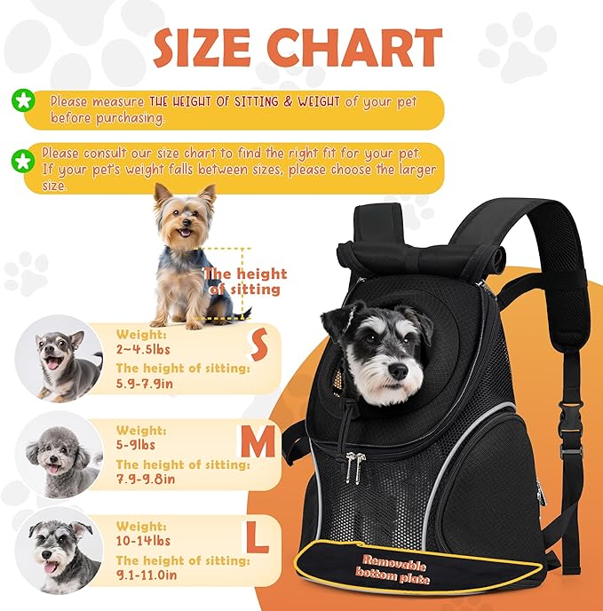 WOYYHO Pet Dog Carrier Backpack with Top and Side Windows, Small Dog Front Backpack Ventilated Mesh Dog Back Pack with Safety Belt for Travel Hiking Outdoor Adventures (Size L: 10-14 lbs, Black 2.0)