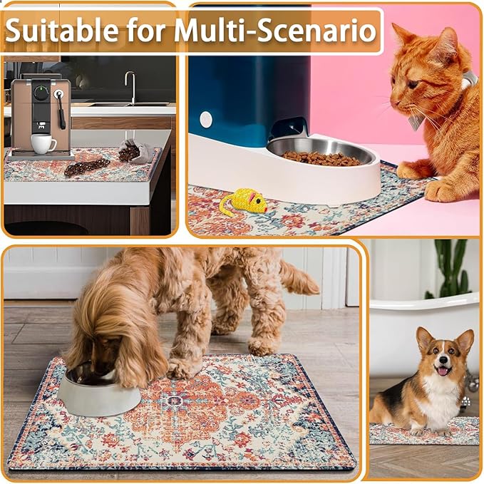 Absorbent Pet Dog Bowl Mat for Food and Water, Pet Cat Food Feeding Mat with Non Slip Rubber Backing, Dog Food Mats for Floors Waterproof, 17"x30"
