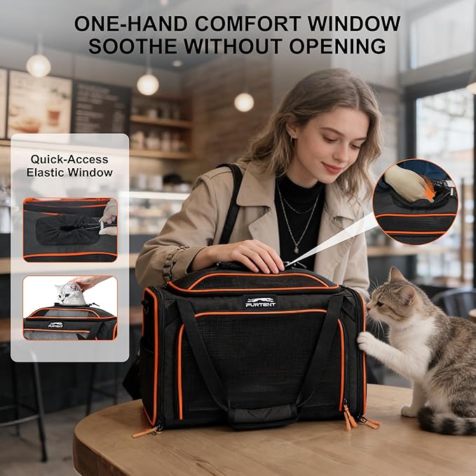 TSA Approved Expandable Cat Carrier with Top and Side, 16x11x11 Soft-Sided Pet Carrier for Small Cats and Dogs, Foldable Travel Carrier with Anti-Scratch Mesh and Safety Belt, Black