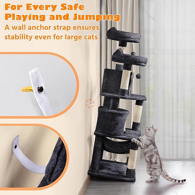 Yaheetech 62.5inches Cat Tree Cat Tower Cat Condo with Platform & Hammock, Scratching Posts for Kittens Pet Play House with Plush Perch for Indoor Activity Relaxing, Black