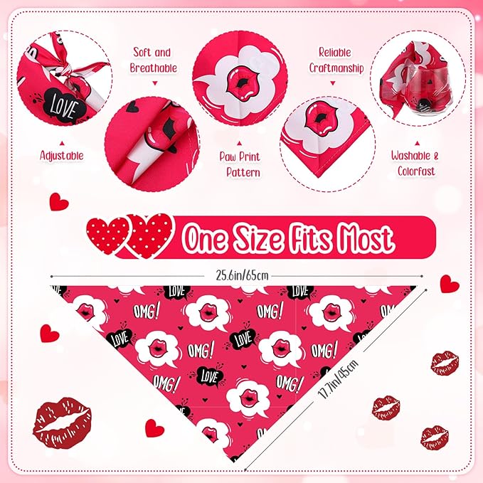 Chunful 50 Pcs Valentine's Day Dog Bandana Bulk with Sayings Pet Triangle Scarf Bibs Washable Puppy Kerchief Adjustable Grooming Supplies for Small Medium Large Dog Cat Accessory