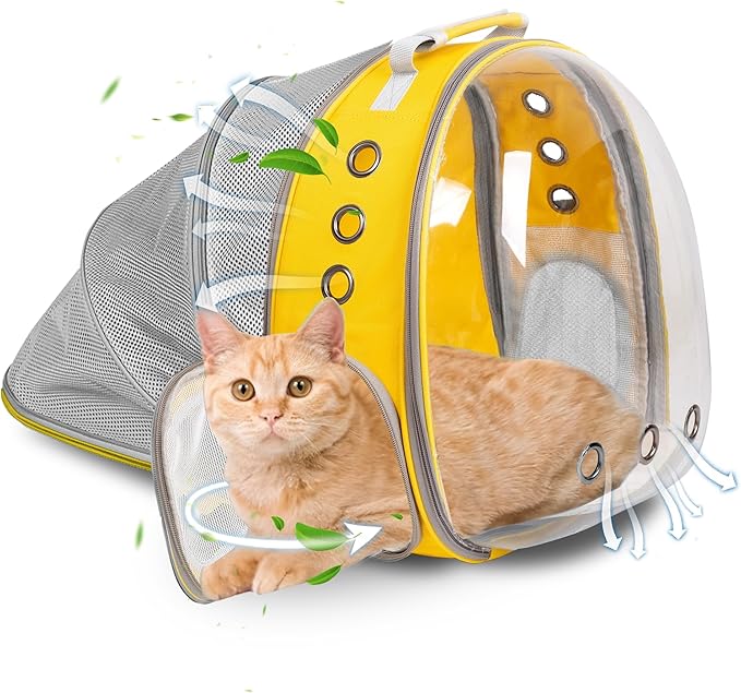 Cat Backpack Carrier Back Expandable Bubble Pet Carrier Backpack for Large Cat, Kitten and Dog, Designed for Hiking, Travelling and Outdoor Use (Back Expandable-Yellow)