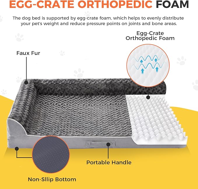 Dog Beds Large Sized Dogs, XL Orthopedic Dog Beds for Large Dogs 42"x30"x7.5", Waterproof Pet Bed with Washable Cover, L-Shaped Pet Couch with Portable Handle, Grey