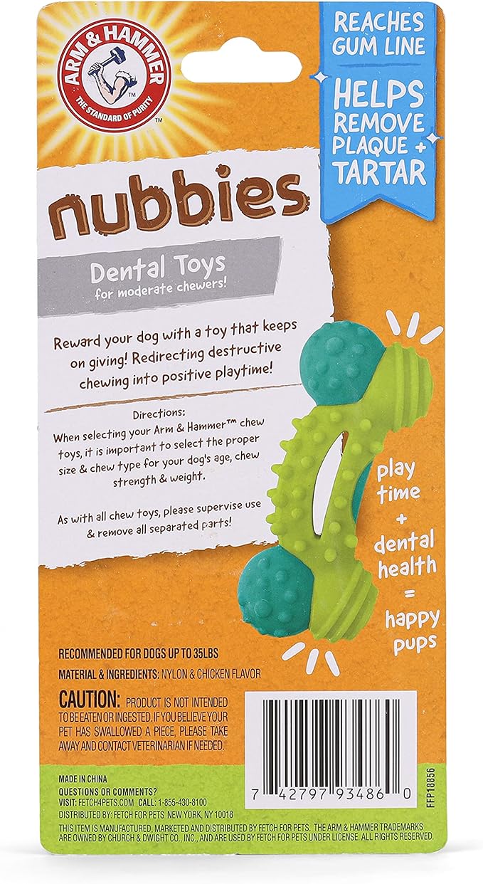 ARM & HAMMER for Pets Nubbies Duality Bone Dental Dog Toy- Best Dog Chew Toy for Moderate Chewers- Dog Dental Toy Helps Reduce Plaque & Tartar- Green Apple Flavor Baking Soda (Pack of 8)