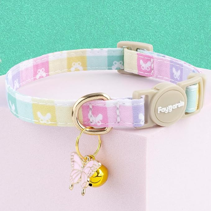 Faygarsle 2 Pack Plaid Butterfly Fish Pattern Cat Collars Breakaway Safety Collar with Bell Spring Summer Design for Girl Cats,Blue Multicolor