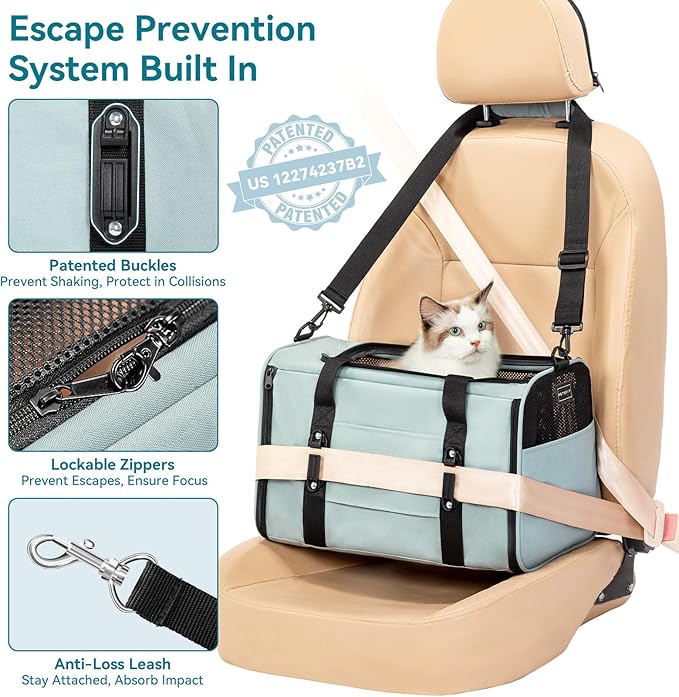 PETSFIT Large Cat Car Carrier with Patented Safety Buckles(19 x 12 x 12) – Roomy Escape-Proof for Safe Driving, Lockable Zippers & Safety Tether, Soft-Sided Travel Carrier for Road Trips & Vet Visits