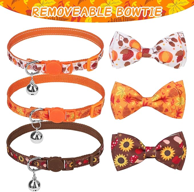 SCENEREAL Fall Thanksgiviing Cat Collar Breakaway Girl Boy, 3 Pack Turkey Pumpkin Pattern Adjustable Kitten Collars with Bell, Holiday Cute Cat Collars with Bowtie and Safety Buckle