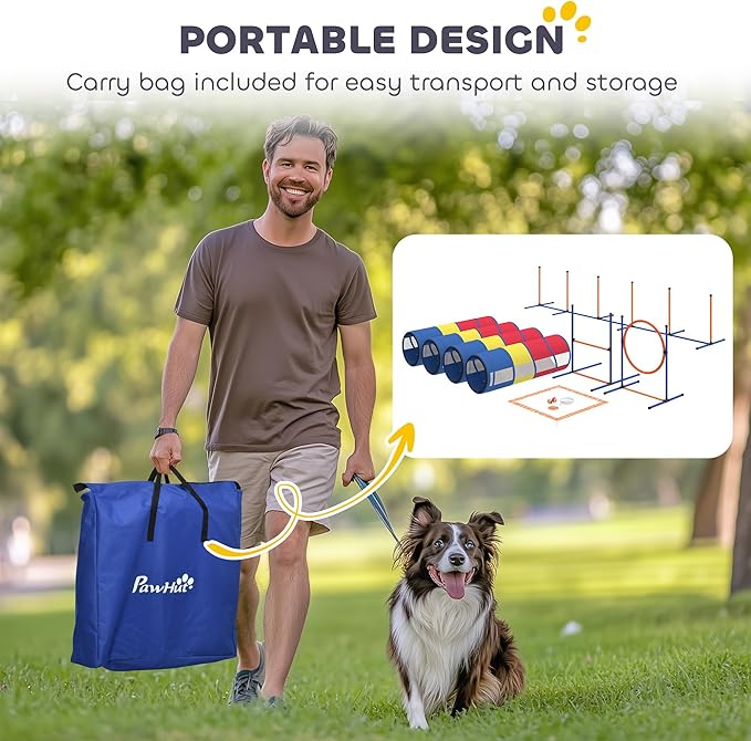 PawHut Dog Agility Training Equipment, 12-Piece Dog Obstacle Course with Adjustable Hurdle & Ring, 4 Tunnels, Weave Poles, Pause Box, Treat Bag, Bowl and Carrying Bag for Indoor Outdoor Use