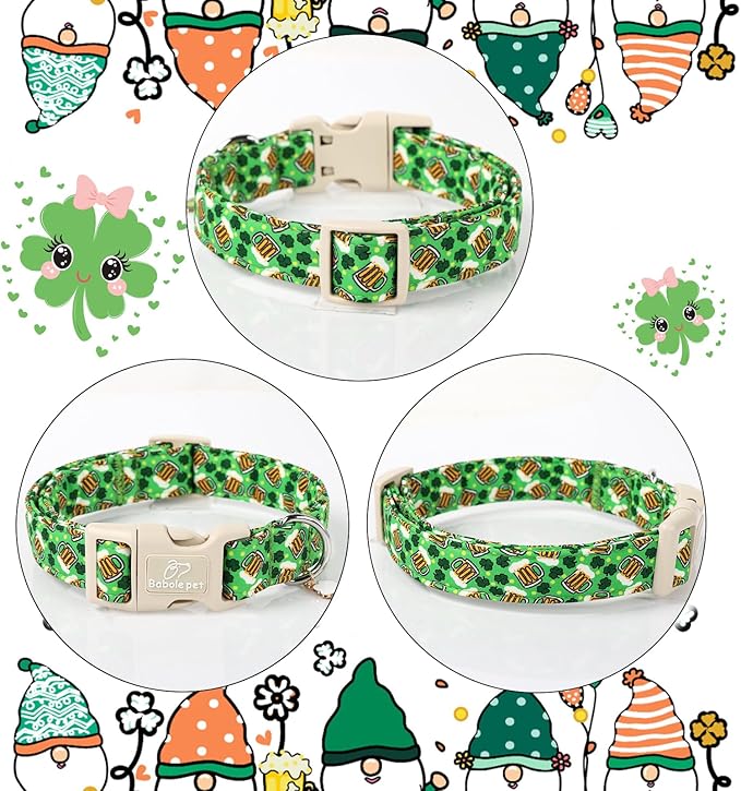 St Patricks Day Dog Collar for Small Dogs - Green Beer Shamrock Dog Collars for Boys&Girls Dogs, Adjustable Irish Clover Puppy Collar with Quick Release Buckle S