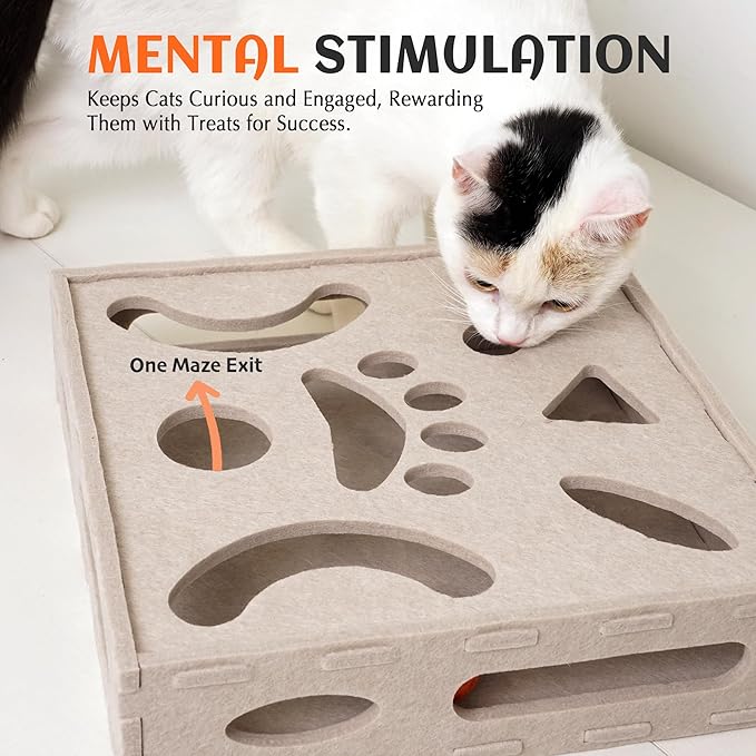 PETKARAY Felt Cat Puzzle Toy, Interactive Cat Toys for Indoor Cats, Interactive Maze for Kitten Felt Puzzle Box with Ball, Beige