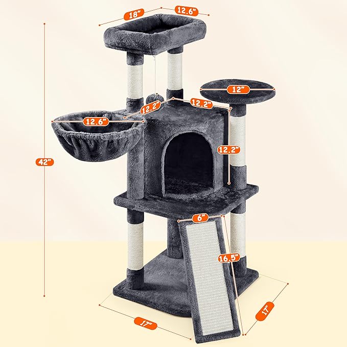 Yaheetech 42in Cat Tree Tower for Indoor Cats, Kitten House with Large Perch & Scratching Posts & Cozy Condo & Scratching Ramp, Pet Furniture Activity Center, Dark Gray