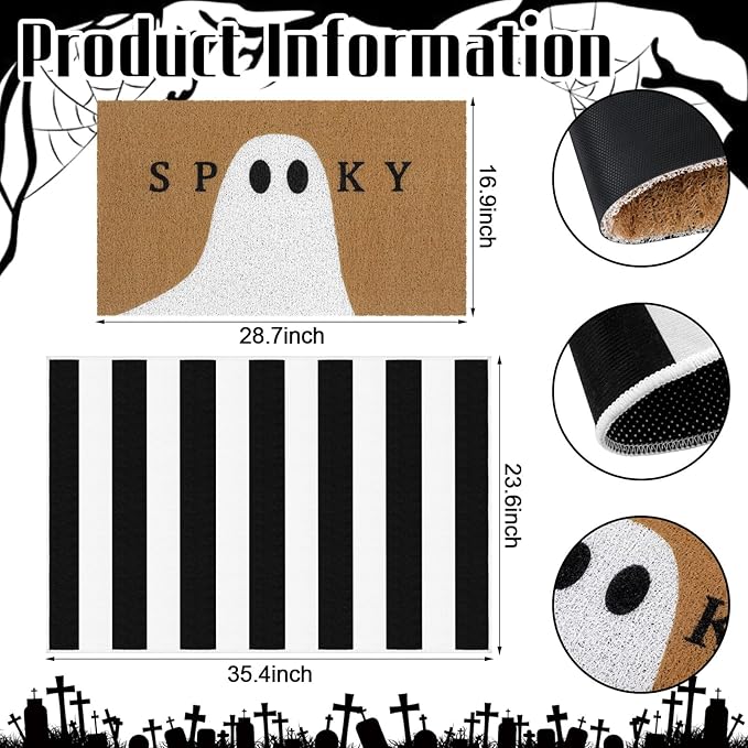 Tinideya 2 Pcs Door Mat Welcome Non Slip Coir Mats Floor Layering Doormats Seasonal for Front Porch Entryway Decor(Spooky Ghost)
