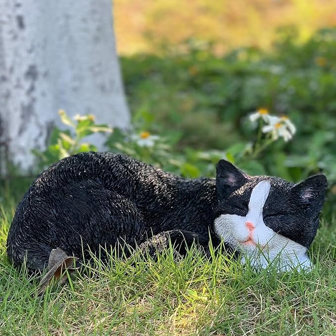 Cat Statue Outdoor Cat Figurines Garden Decor, Black Tabby Statue Figurine Decor Sculpture for Patio, Yard, Sleeping Tabby Statues for Indoor Table Accessory, Gift for Mom