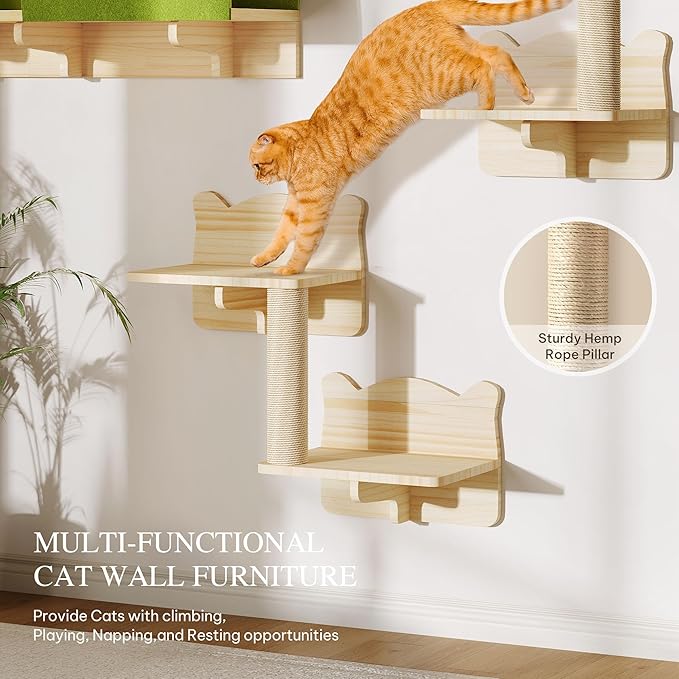 7-in-1 Cat Wall Shelves and Perches, Floating Cat Shelves Set, Solid Wood Wall Cat Furniture(Set of 7), Cats Climbing Shelves with Bed, Steps, Scratching Post and Tunnel