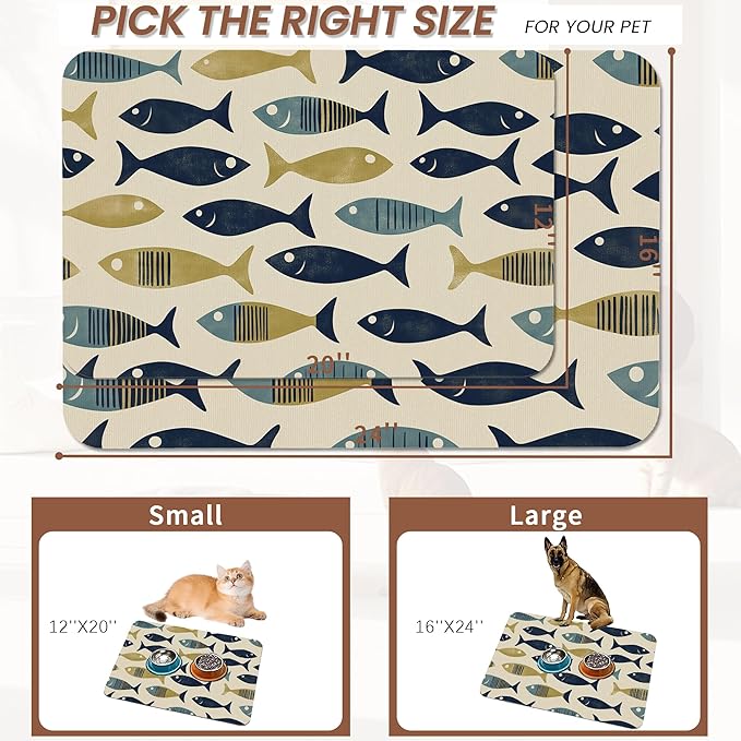 Fish Boho Dog Food Mat for Floors,Ocean Absorbent Quick-Dry Pet Feeding Mat,Cat Dog Bowl Mats for Food and Water,Non-Slip Pet Accessories Supplies 16"x24"