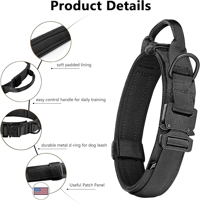 DAGANXI Tactical Dog Collar, Adjustable Military Training Nylon Dog Collar with Control Handle and Heavy Metal Buckle for Medium and Large Dogs, with Patches and Airtags Case (XL, Black)