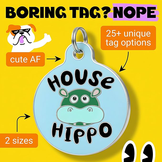 Bad Tags Personalized Dog and Cat ID Tags in 25+ Designs and 2 Sizes - 5 Lines of Custom Engraved Text - Funny Cute Personalized Pet Tags (House Hippo - Blue, Large (1.25 inch))