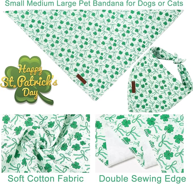 St. Patrick's Dog Bandana, UP URARA PUP Shamrock Triangle Bid, Clover and Bow Pattern Scarf for Medium Large Dogs, Cotton Kerchief for Girl Boy Puppies, Cute Spring Green Bandana,L