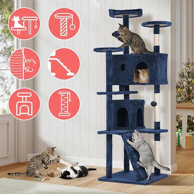 70in Cat Tree Cat Climbing Tower with Scratching Post, Cats House Perch Kitten Tree Condo Wood Playhouse, Pet Trees Tower for Indoor Cats, Navy Blue