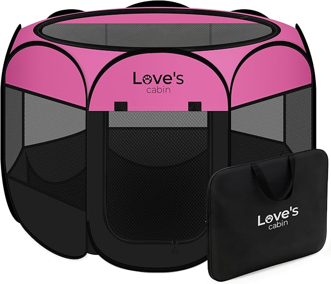 Love's cabin Pet Puppy Dog Playpen, Small Dog Tent Crates Cage Indoor/Outdoor, Portable Playpen for Cat, Foldable Pop Up Dog Kennel Playpen with Carring Case, Removable Zipper Top, Pink