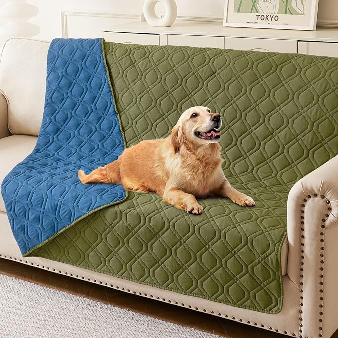 hyha Waterproof Dog Bed Blanket, Soft Pet Blankets, Waterproof Couch Cover for Dogs, Reversible Sofa Covers Washable for Furniture (52x82 Inch, Green/Navy Blue)