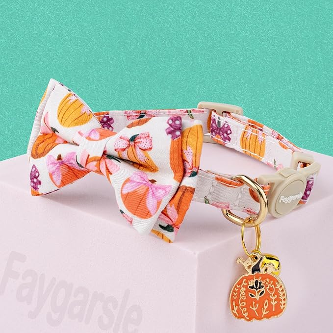 Faygarsle 2 Pack Fall Pumpkin Cat Collar with Bow Tie and Bell, Breakaway Safety Buckle, Pink and White