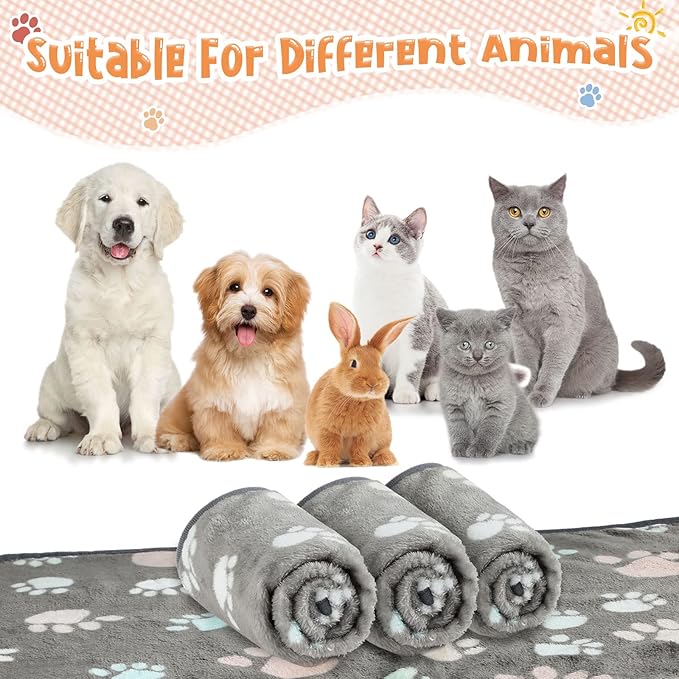 Tatuo 4 Pcs Dog Blanket for Pet Cat Blankets Indoor Puppy Teething Stuff Toys Paw Print Fleece Soft Blanket Sleep Mat for Guinea Pig Cage(Dark Gray,X-Large(41 x 30 Inch),Square)