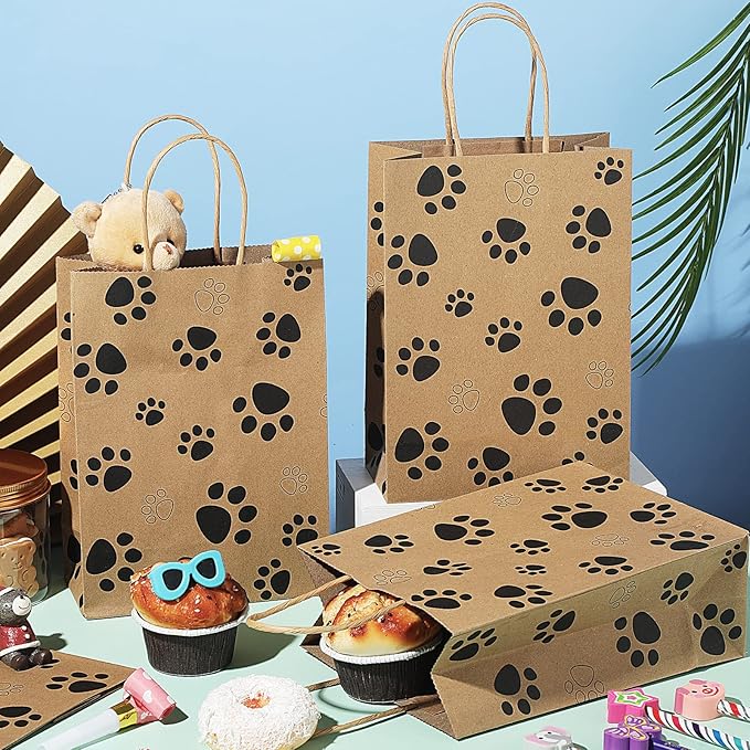Blulu 20 Pcs Puppy Dog Paw Gift Bags with Paper Twist Handles, Dog Gift Paper Paw Treat Goodie Bags for PET Treat Party Favor, 6.3 x 3.1 x 8.6 Inch(Brown Backing)