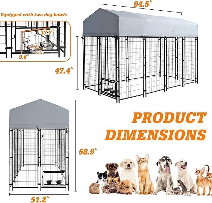 8x4x6 FT Outside Large Dog Kennel with roof - Outdoor Heavy Duty Welded Wire Steel Dog Playpen with Rotating Bowls, Dog Run Enclosure Crate Cage with Lockable Doors for Chicken, Rabbit