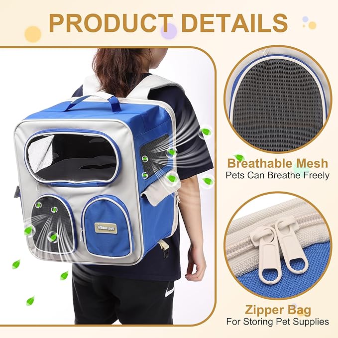 Pet Backpack Carrier, Portable and Ventilated, Nylon Dogs Cats and Small Animals Travel Bag 14.96", (Dark Blue, 1 Pcs), Intended for Hiking/Camping/Traveling