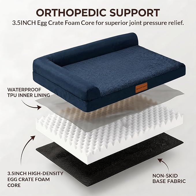 Patas Lague Orthopedic Dog Bed Medium Size Dog 30''X20'', Waterproof L Bolster Medium Pet Sofa Beds with Removable Washable Cover, Soft Comfortable Pet Couch Crate Mat with Nonskid Bottom, Navy Blue