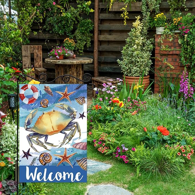 Starfish Crab welcome Garden Flag,Welcome to Undersea World Garden Flag,Marine Life Yard Porch, Party Holiday Decor, Vertical Double Side 12x18 Inch